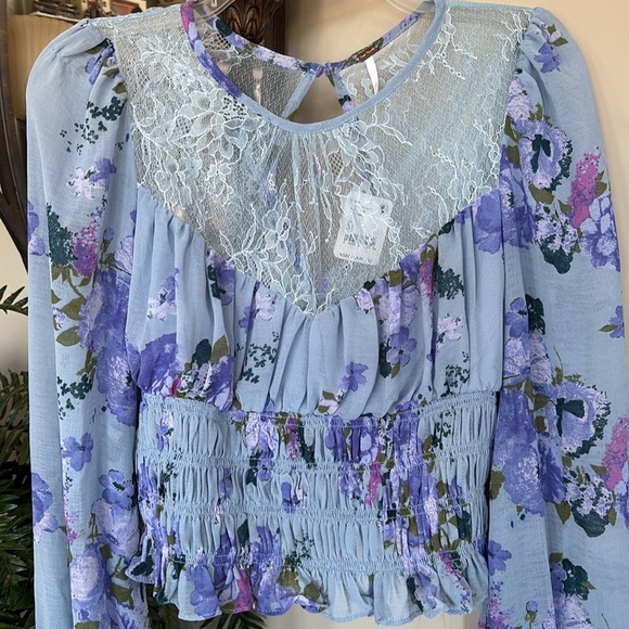 Free People Blue Floral Lace Blouse - Picture 4 of 14